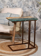Ibiza line side table made with resin and wood, horizontal perspective
