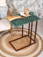 Ibiza line side table made with resin and wood, vertical perspective