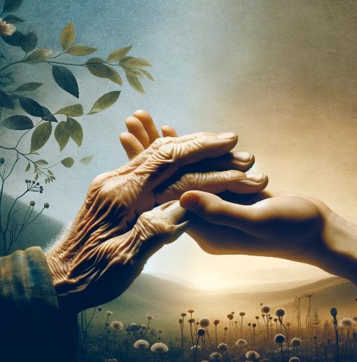 Manos de una persona mayor y una joven entrelazadas sobre un fondo de paisaje natural al amanecer, simbolizando unión y continuidad