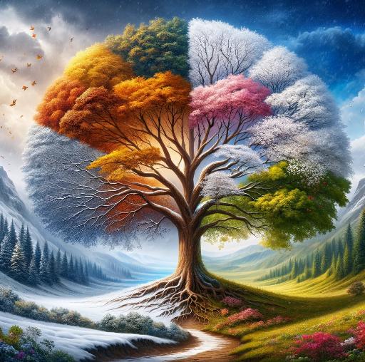 Árbol con hojas de distintas estaciones del año en una pintura de paisaje.