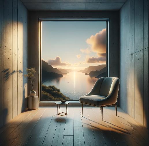 Vista desde una ventana de una habitación minimalista al atardecer sobre un lago tranquilo.