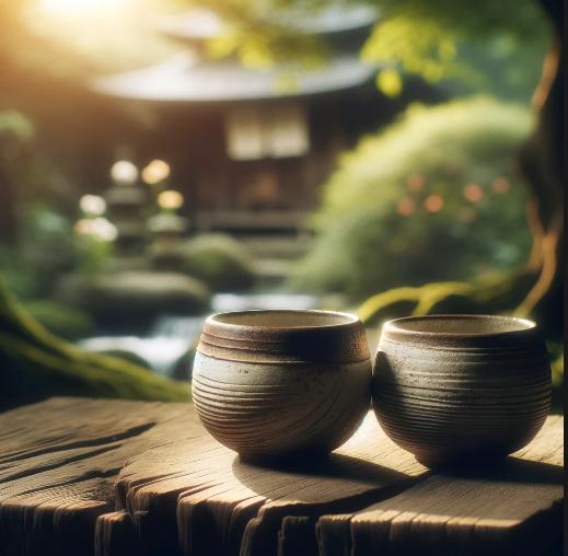 Dos tazones de cerámica sobre una mesa de madera rústica en el sereno entorno de un jardín japonés, con luz suave filtrándose a través de las hojas.