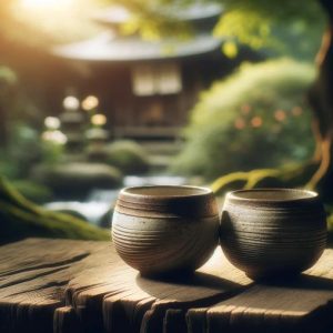 Dos tazones artesanales invitan a una pausa reflexiva en la belleza de un jardín japonés, un santuario de tranquilidad y belleza natural.